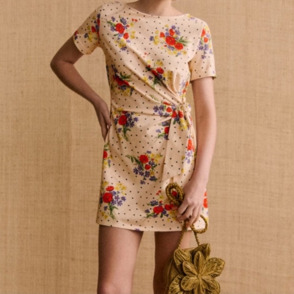Sezane Red and Green Puff Sleeve Mini Dress